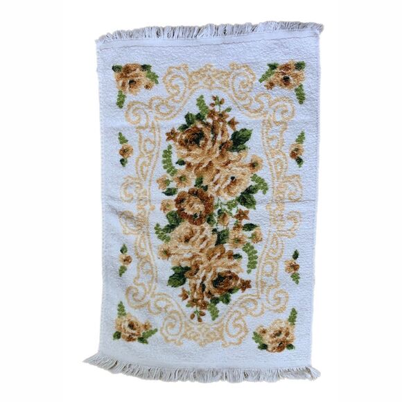 Cannon Floral Terry Towel Set Beige Brown Scroll Cotton Fringe Made USA Vintage - Picture 3 of 4